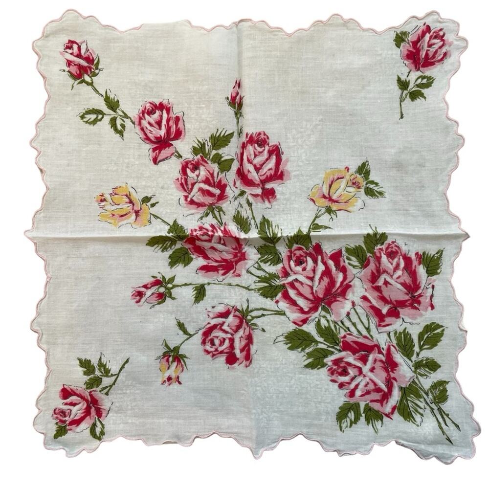 Vintage Floral Handkerchief Womens Roses‎ 1950s Scalloped Hem Cottage Grandma